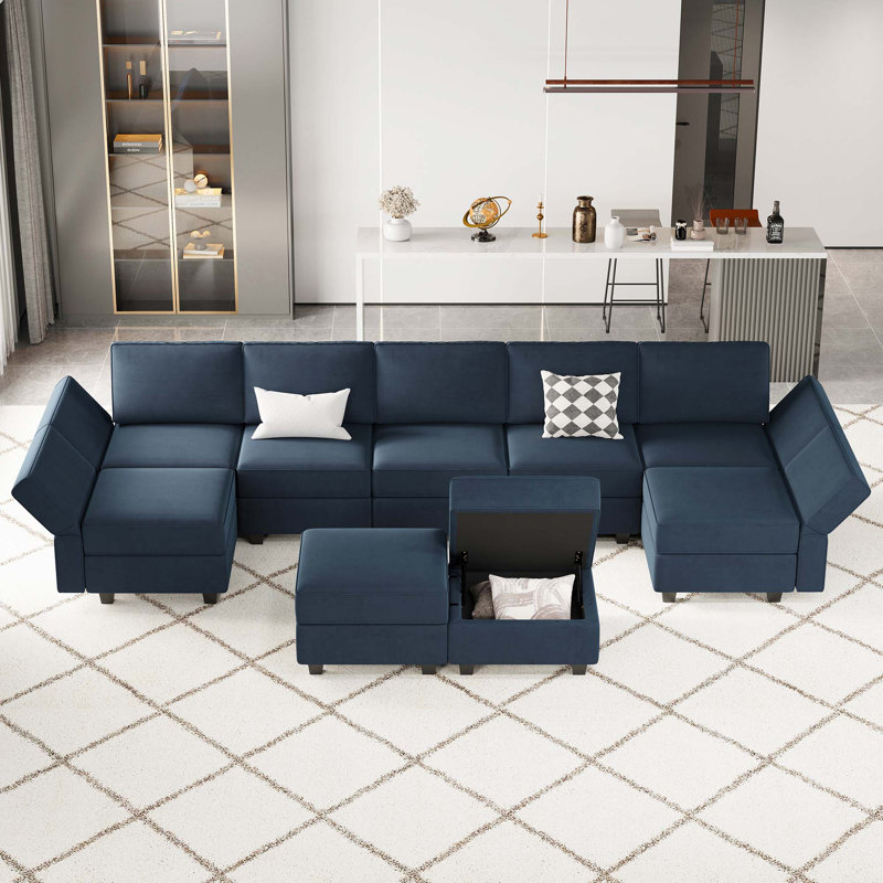 Canapé-lit modulaire en velours modulaire en velours avec repose-pieds de 116 po Teangela, Velours bleu