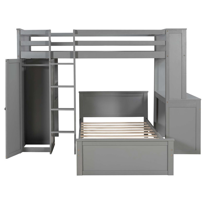 Lit mezzanine peu encombrant avec bureau intégré et lit simple, Twin, Gris