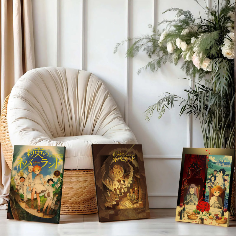 Ensemble de 3 affiches encadrées, inspirées de l'anime The Promised Neverland. Décoration murale de haute qualité sur toile, idéale pour le salon, la chambre à coucher et la décoration intérieure. Avec Emma, ​​Norman Ray et d'autres personnages. Cadeau parfait pour les amateurs d'anime.