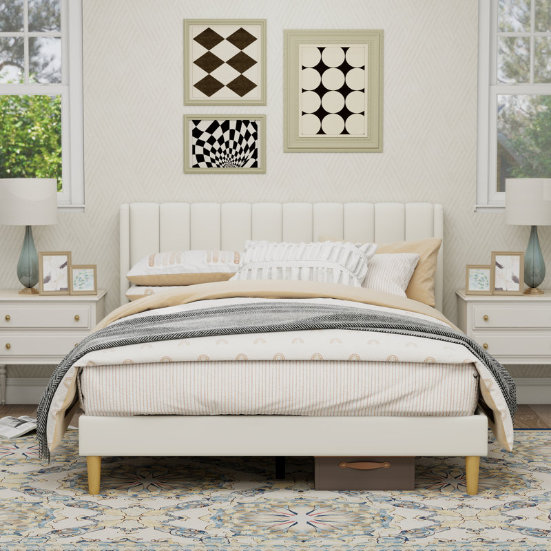 Structure de lit plateforme tapissier, Beige, Grand
