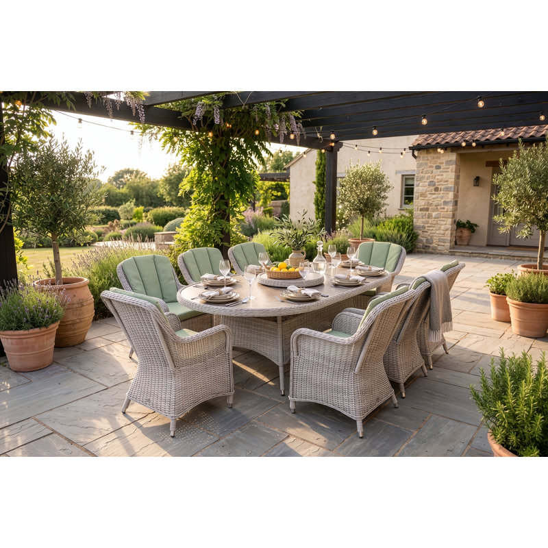 Wootton Curved Back Oval Dining Set with Cover, 9, 75 cm H x 120 cm W x 220 cm D, 8