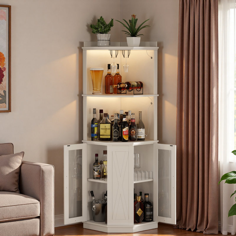Corner Bar Cabinet With Power Outlet, Adjustable Shelves, Led Light, Glass Holders And Wine Racks
