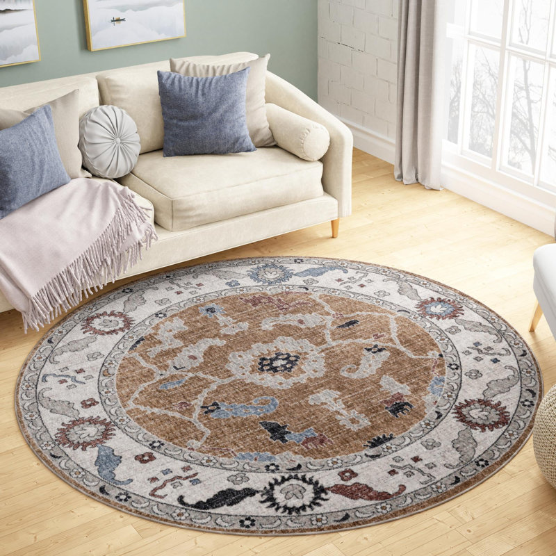 Tapis oriental beige amande Paarth Paarth, Rond 7 pi