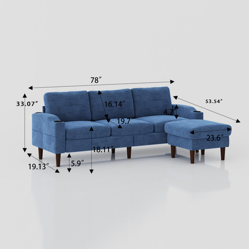 Canapé et méridienne rembourrés 2 pièces Geppie, H 31,8 po x l 78 po x P 42,73 po, Tissu bleu