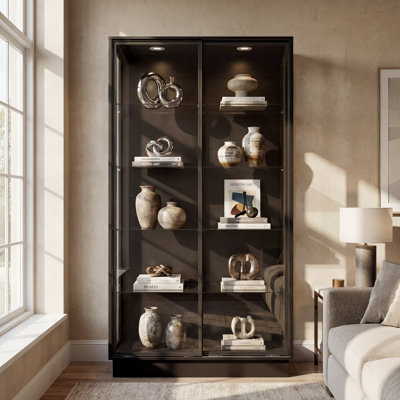 Glass Display Cabinet, 39.4" W — Black Aluminum Frame, Sliding Doors & LED Lights