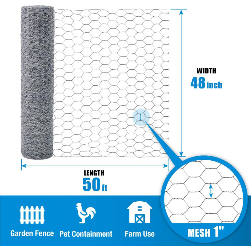 Filet hexagonal de volaille de calibre 20 H 4 pi x l 50 pi avec filet de 1 pouce, H 4 pi x l 50 pi