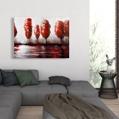 Red Trees by the Lake - toile de fond décorative paysages noirs