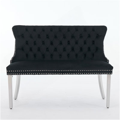 Velvet Double Dining Loveseat Bench, Kitchen & Dining Seating, 2-Seat Tufted Bench W/Handmade Buttons, Wing Back, Brushed Silver Stainless Steel Legs, Mid Century Modern,Single Pack,Black,SW1702BK