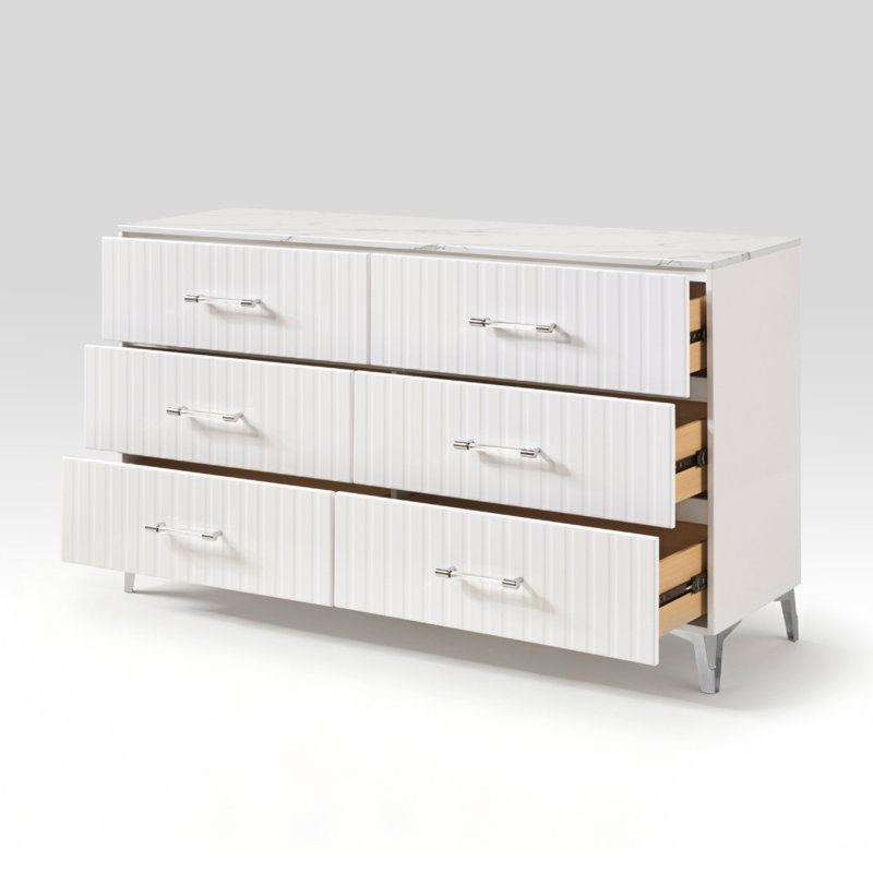 Commode large Cyna, plateau en faux marbre, 6 tiroirs, façade texturée, blanc