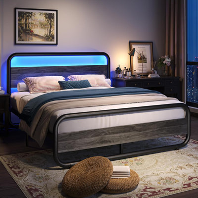 Metal  Bed Frame with LED Headboard and Footboard, Rustic Industrial Heavy Duty Wooden Platform Bed Frame with Under Bed Storage, Noise Free, No Box Spring Needed