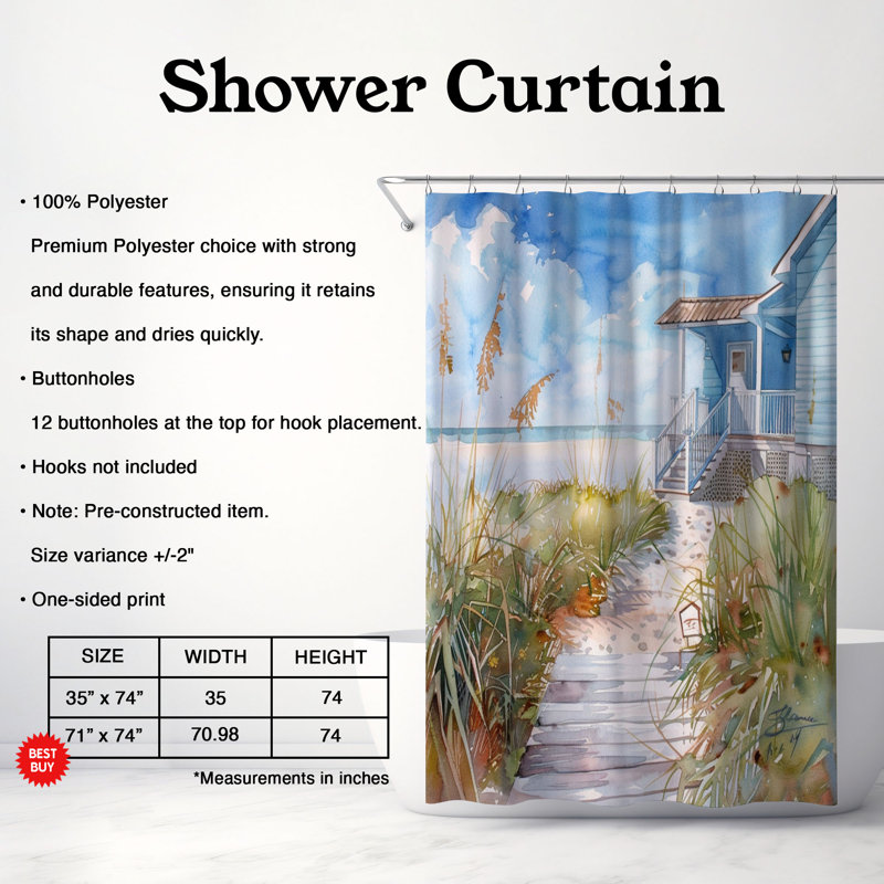Rideau de douche standard 1 pièce Watercolor Ocean Views, H 74 po x l 71 po