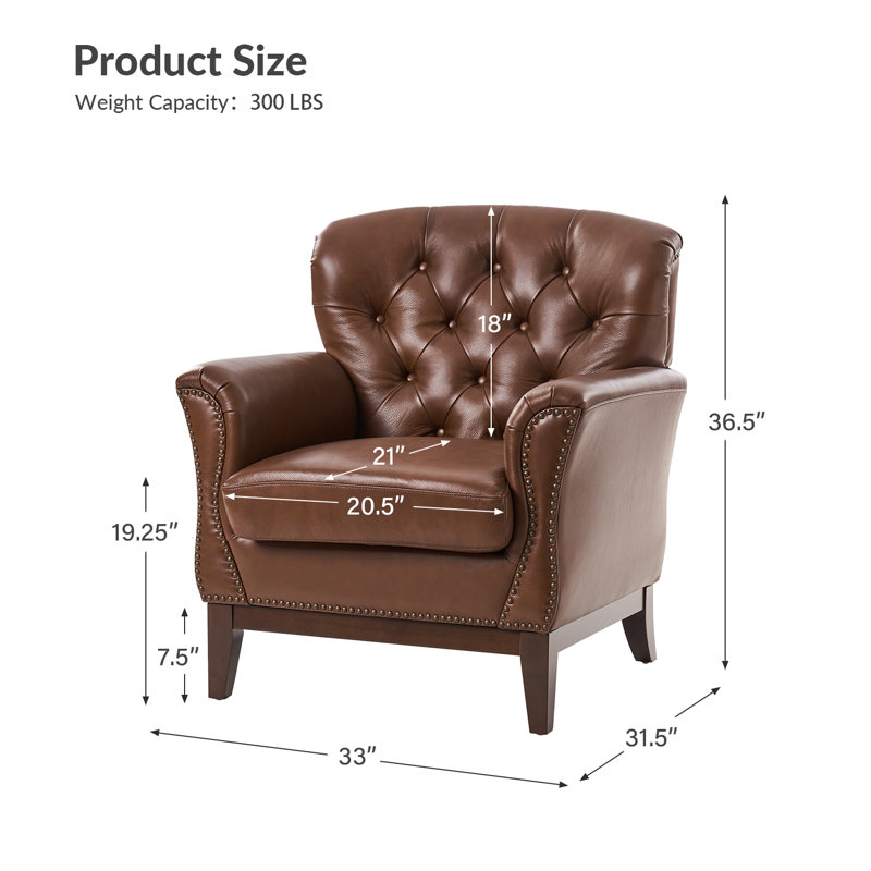 Dilane Traditional Genuine Leather Armchair with Solid Wood Legs, Brown Genuine Leather
