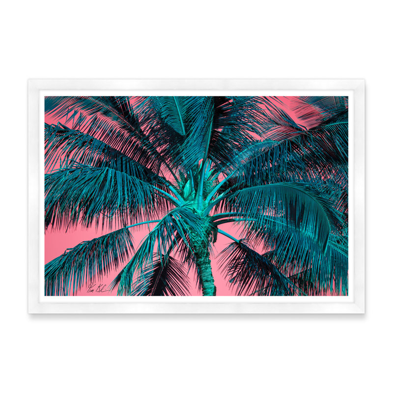 Palmier tropical en rose et bleu, H 29 po x l 42 po x P 1,5 po, Cadre blanc