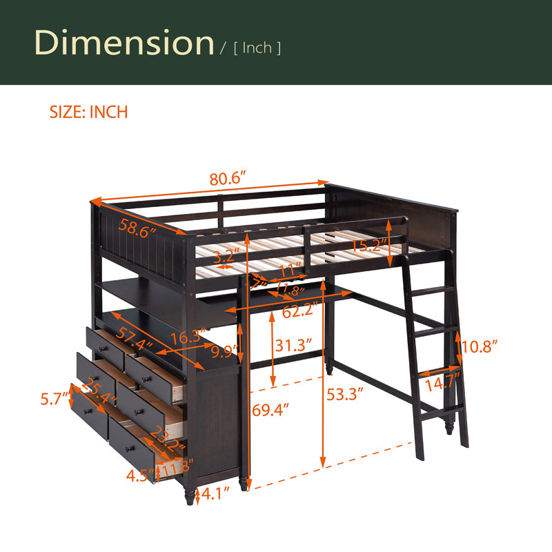 Lit mezzanine double avec tiroirs et bureau, lit mezzanine en bois avec tablettes, Espresso
