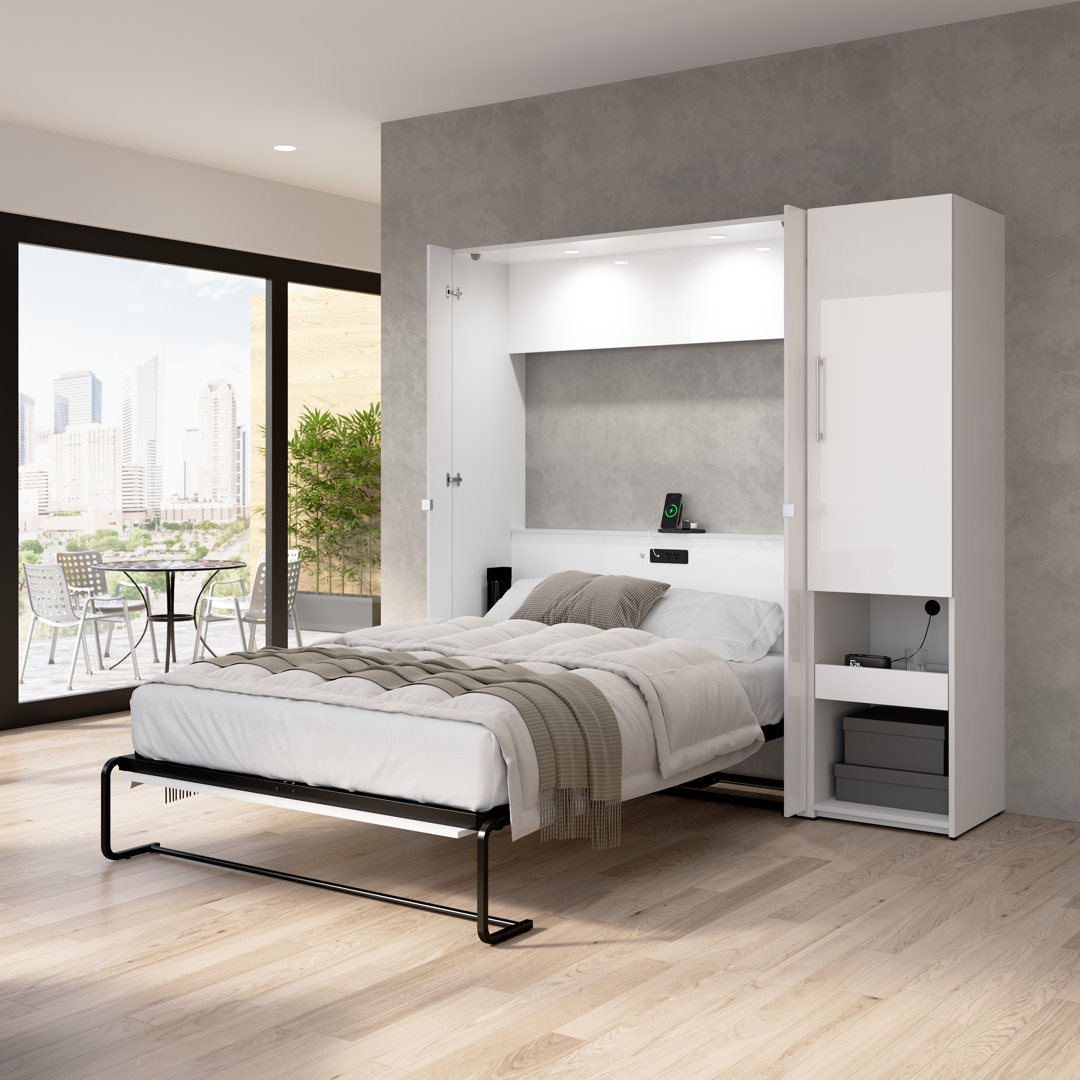 Maile High-Gloss Scratch-Resistant Murphy Bed and Storage Cabinet with Door and Pull-Out Shelf Latitude Run® 