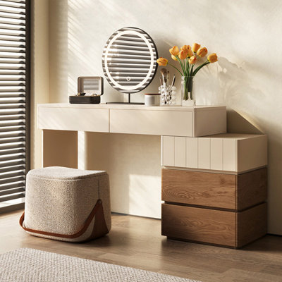 Table de meuble-lavabo moderne 47,24 "à deux tons - réversible à gauche / à droite, planche en bois massif multi-couches, rallonge, coins arrondis et rangement multi-tiroirs