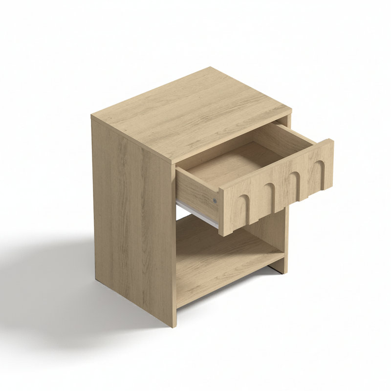 Abdullah 17.7" W Mid Century Modern Nightstands with Scalloped Drawer Front and Open Shelf Storage, Oak