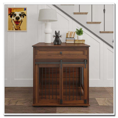 Wooden Dog Crate End Table with Sliding Barn Door and Storage Drawer