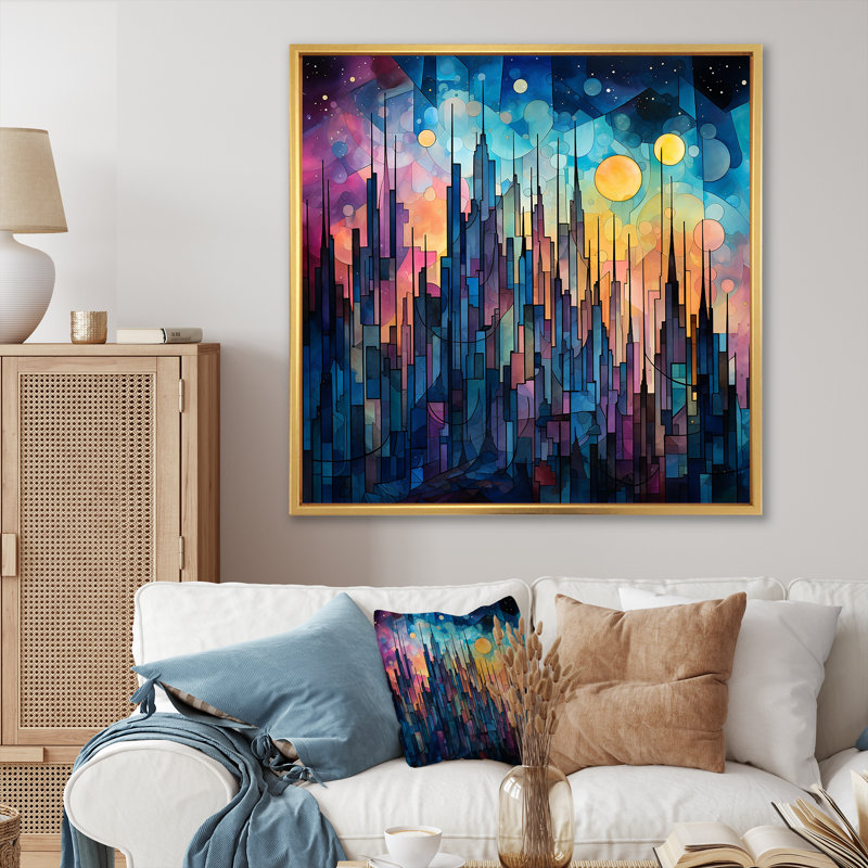 Midnight Cityscape Spectrum 2 - art mural paysage urbain, Cadre flottant doré, H 30 po x l 30 po x P 1,5 po