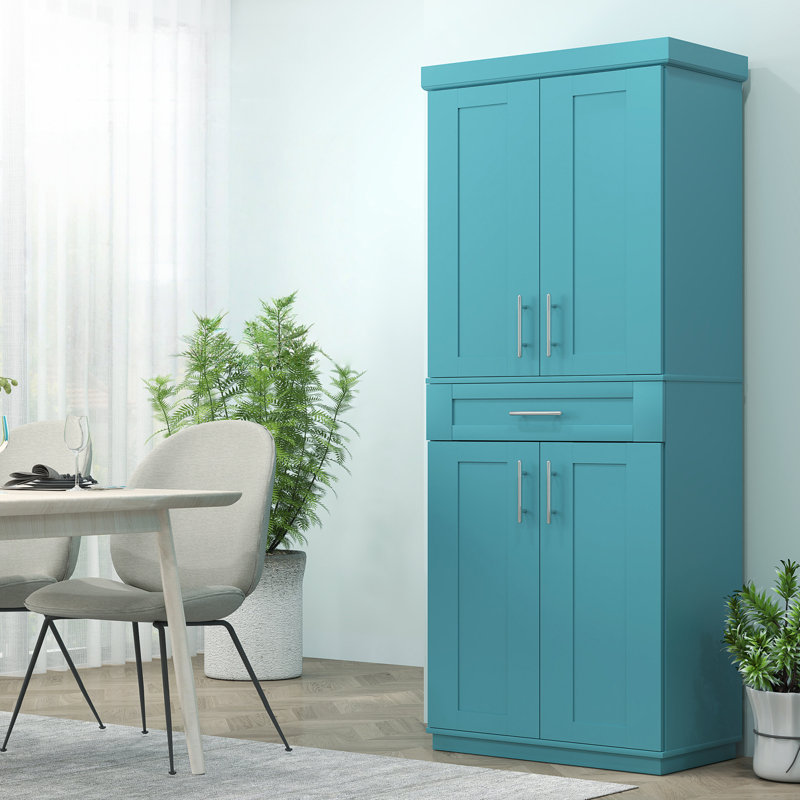 Armoire autoportante avec portes et tiroir Modern Kitchen Pantry, étagère réglable, turquoise, Bleu