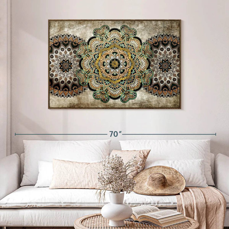 Mandalas rétro, 46 po x 31 po, Cadre flottant en noyer