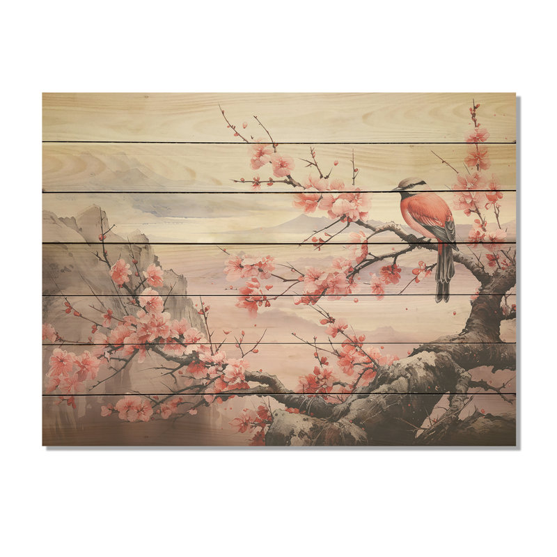 Oiseaux roses et bleus sur un cerisier en fleurs I - oiseau sur bois, H 10 po x l 20 po x P 0,78 po