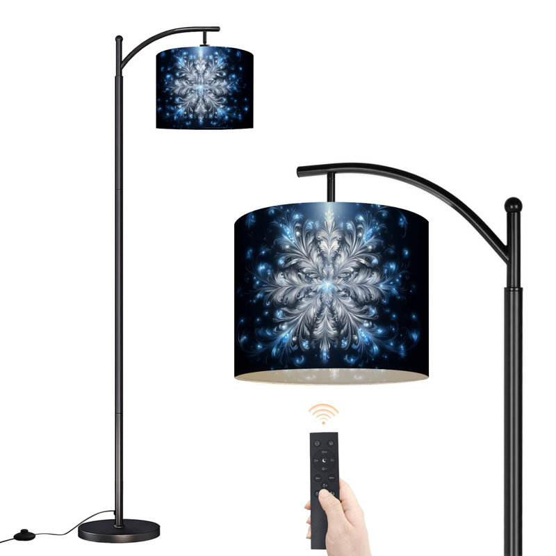 Arc Floor Lamp Elegant White Blue Floral Snowflake Ornament Intricate Swirls Glowing Floor Lamps with Remote LED Lights Adjustable Lamp Shades Tall Standing Lamps for Reading Office Living Room