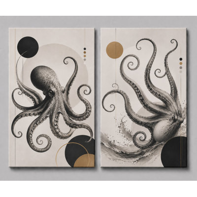 Très grand ensemble de 2 pieuvre, art mural, animal marin côtier, art géométrique moderne, décor d'océan pour salon, salle de bain, bureau, impression sur toile 24 x 36 pouces - prête à être accrochée