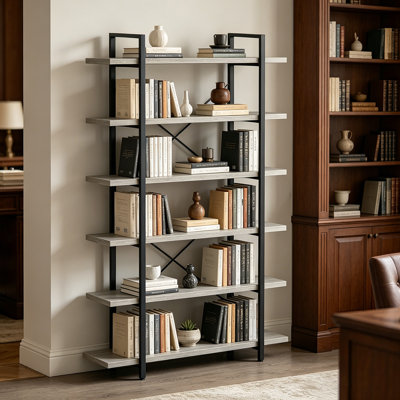 6 Tier Bookshelf, Vintage Industrial Wooden Display And Storage Bookcase With Metal Frame For Home Office