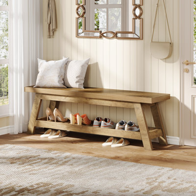 55" Wood Entryway Bench With Shoe Storage, Large 2-tier Narrow Hallway Foyer Seating Bench With Open Shelves For Entryway, Bedroom, Mudroom by Millwood Pines