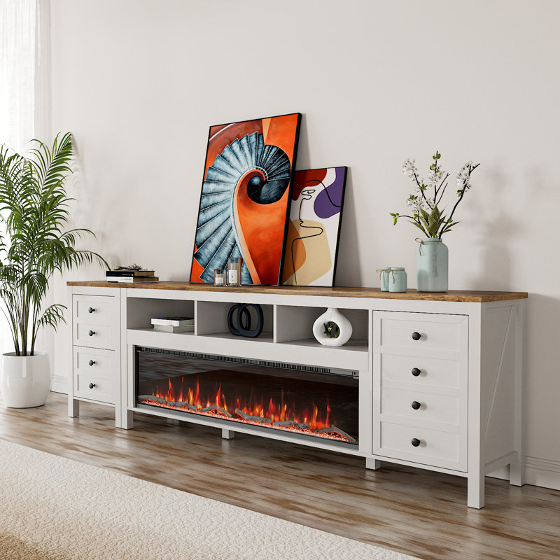 83 Inch Fireplace Tv Stand For Tvs Up To 95 Inch,Farmhouse Entertainment Center With 50" Electric Fireplace,White Tv Console With Storage Cabinets For Living Room