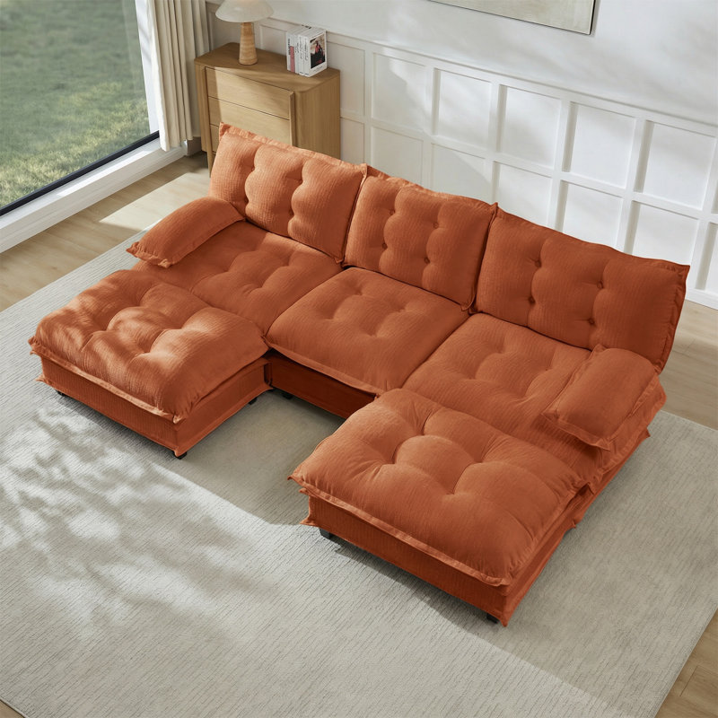 Canapé modulaire 107 po en forme de U avec 2 repose-pieds, canapé en chenille et coussins décoratifs en treillis