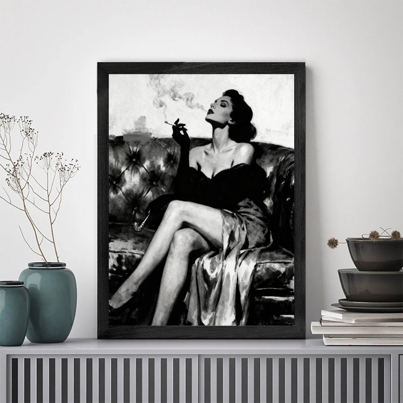 Black Framed Vintage A beautiful and sexy woman is smoking a cigar Wall Art Retro Style Framed Prints, 25" H x 17" W