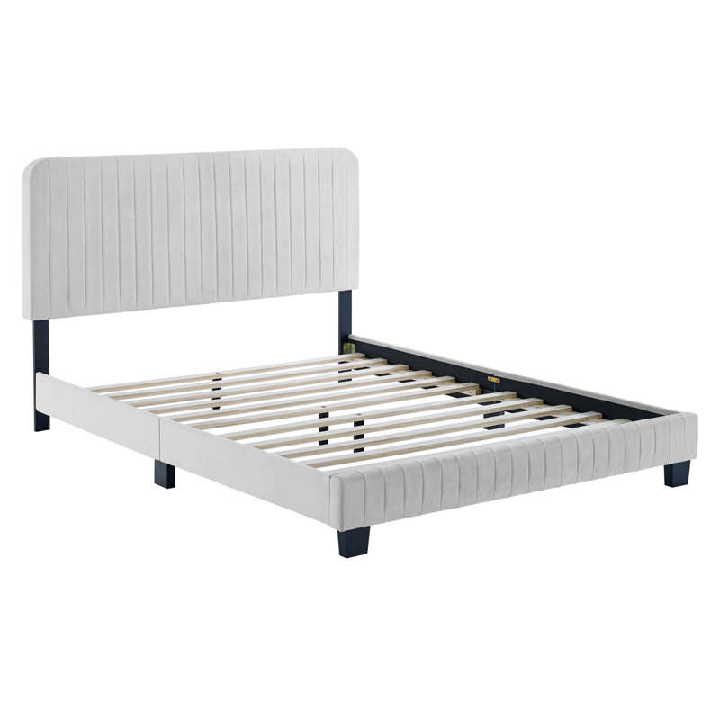 Celine Channel Tufted Performance Velvet Platform Bed, Queen, Light Gray