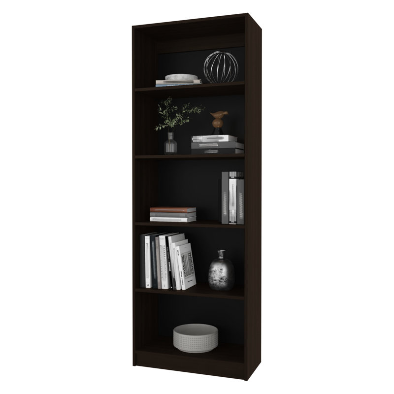 Bibliothèque en noyer teinté avec 5 tablettes et rangement ouvert, conception à 4 niveaux pour compléter verticalement différents styles de meubles, espace de vie principal de la tablette à cadre rempli, tablettes horizontales, dossier fermé,