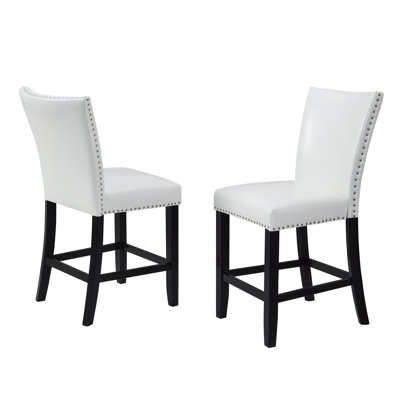 2Pc Counter Height Upholstered PU Chair With Footrest Chrome Nailhead Trim Pub Height