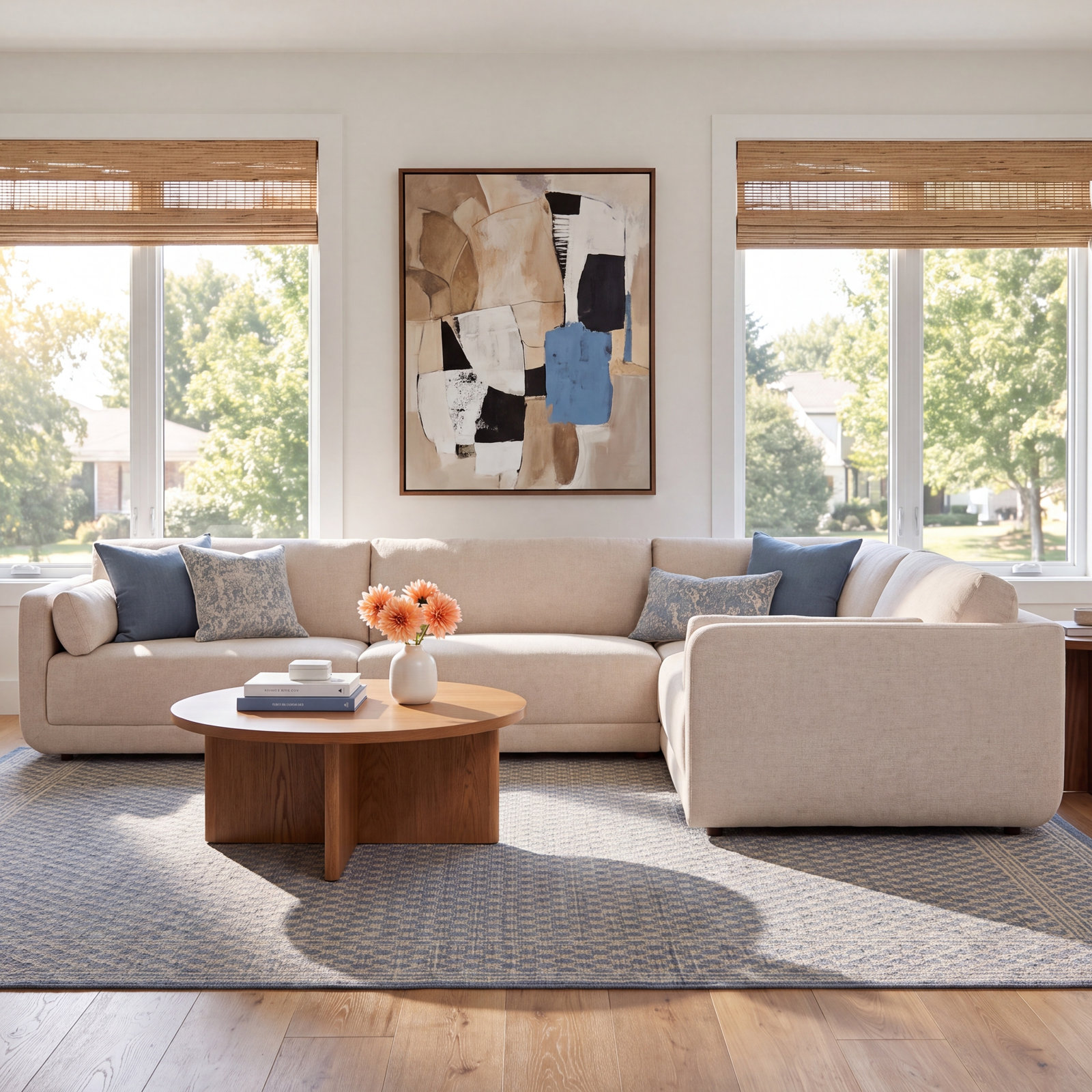 Naples Modular Upholstered Sectional, Cream Polyester Blend