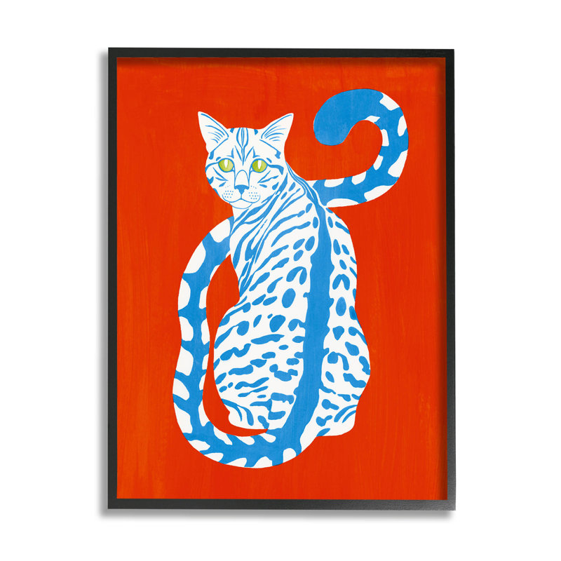 «Blue Gazing Cat», conception moderne audacieuse giclée et encadrée par Grace Popp_aq-385, H 14 po x l 11 po x P 1,5 po