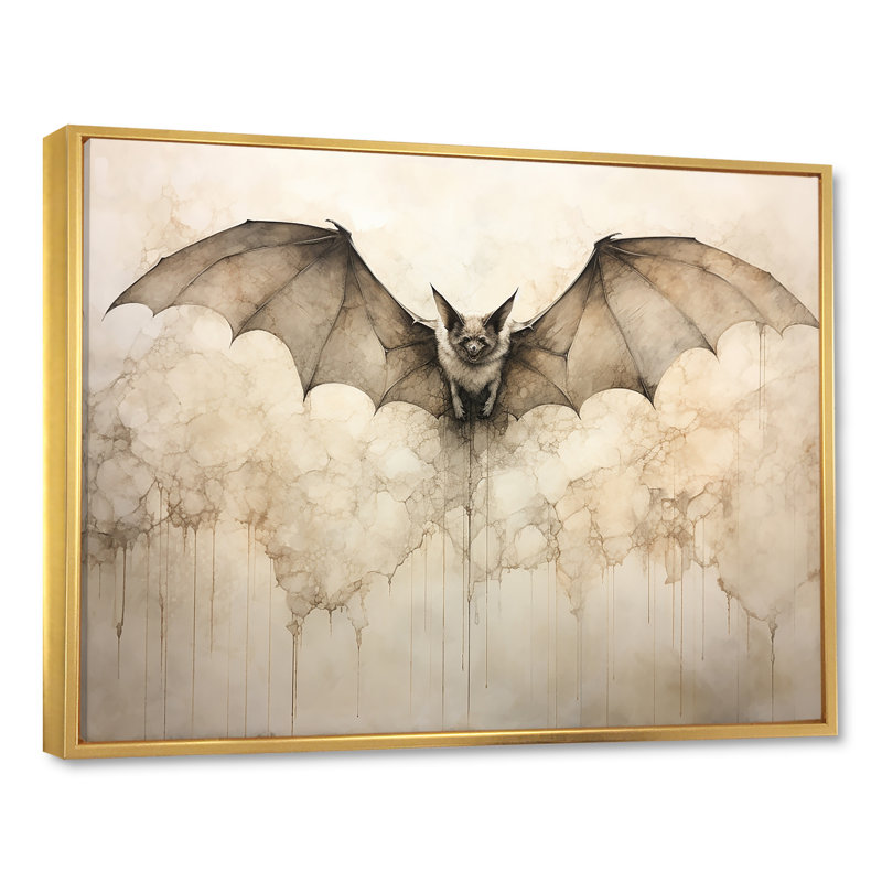 Ailes ouvertes de chauve-souris beiges sur toile, Cadre flottant doré, H 16 po x l 32 po x P 1 po