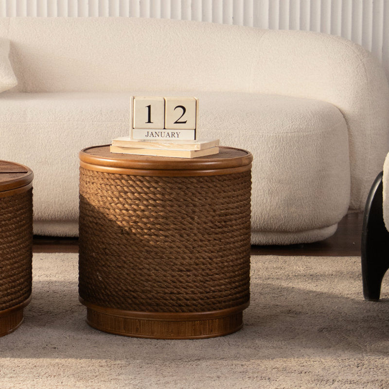 - Table basse ronde chic avec rangement amovible, bordure en corde de chanvre tissée à la main, idéale pour les espaces de vie compacts, stable et vacillante, sans assemblage nécessaire, couleur bois naturel, conception moderne, 15,84 po