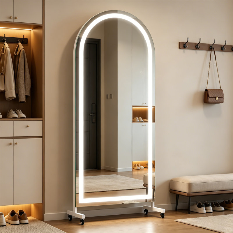 Full Body Mirror, Arched LED Rolling Full Body Mirror - Adjustable Color Temperature And Brightness, Floor Standing Mirror With Wheels, Suitable For Bedrooms, Yoga Studios, And Home Gyms