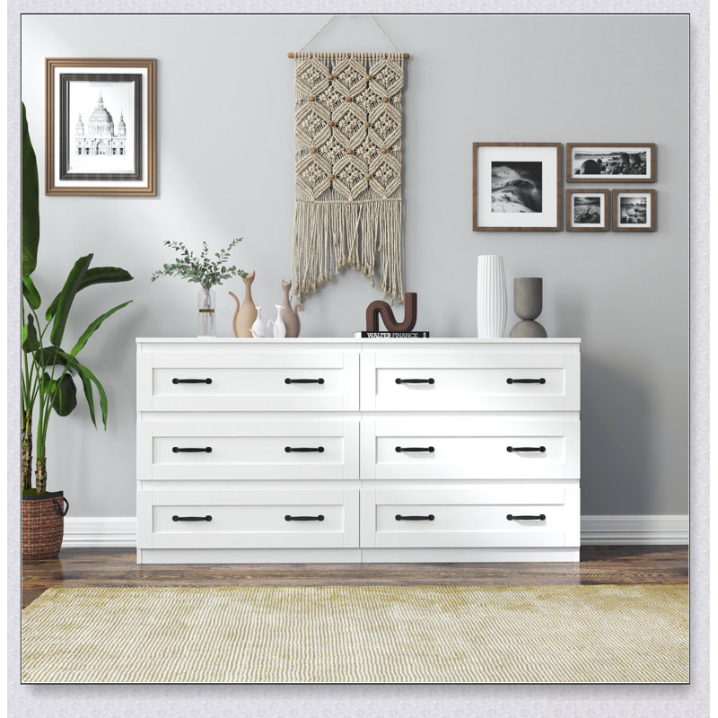 Commode d'appoint moderne blanche avec 6 tiroirs, commode avec poignées en métal pour une vie organisée