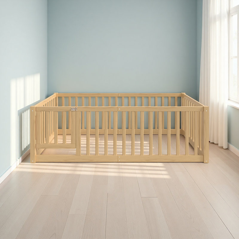 Lit facile à assembler adapté aux enfants avec garde-corps et porte pour enfants, Lit simple, Naturel