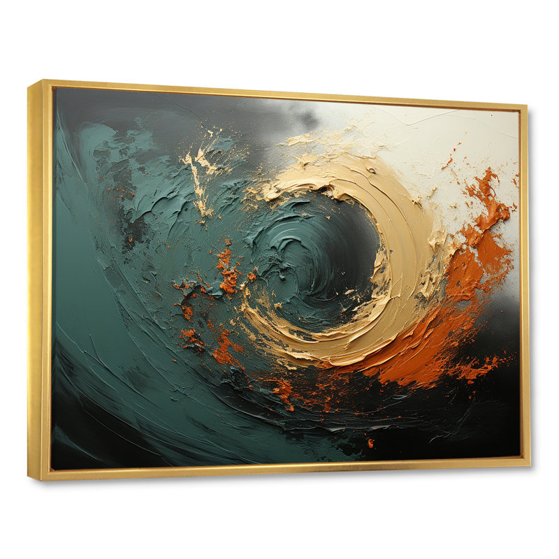 Orange et vagues ondulées oranges Melody III - abstrait spirales murales, Cadre flottant doré, H 30 po x l 40 po x P 1,5 po