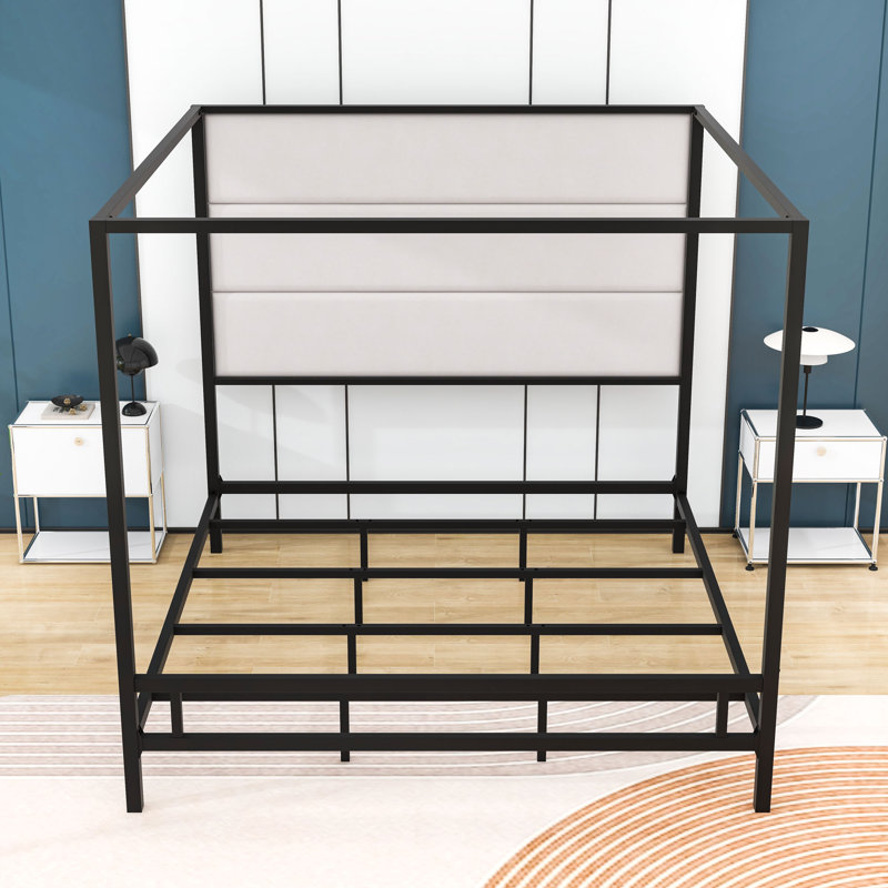  Metal Canopy Bed with Upholstered Headboard, Black, King