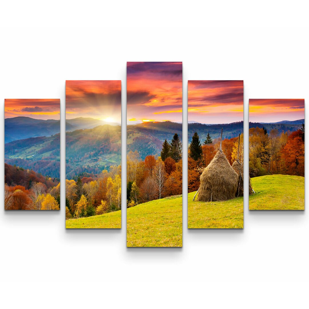 5-tlg. Leinwandbilder-Set Berglandschaft bei Sonnenaufgang im Herbst