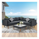 GO 4-pieces Outdoor Wicker Sofa Set, Patio Furniture with Colourful Pillows, L-shape sofa set, Grey cushions and Black Rattan
