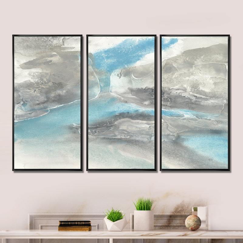 «Watercolor Minimal Blue Tones II», ensemble d'art mural moderne sur toile encadré de style Mid-Century, Cadre noir