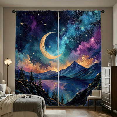 2 Pieces Celestial Moon Mountain Lake Night Sky Print Curtains Light Filtering Easy Hang Rod Pocket Design Spring Refresh Decor for Home Living Room Bedroom Study
