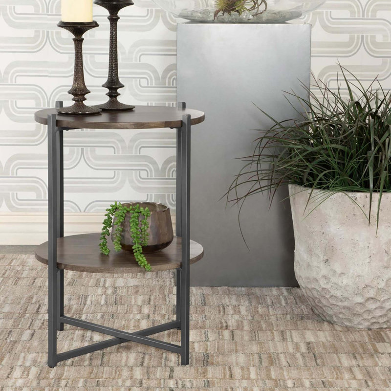 Table d'appoint naturelle et bronze industriel avec tablette inférieure